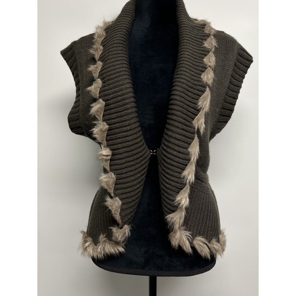 Y2K Style Cache Sweater Green Women's Large Knit Faux Fur Trim Forest Fairy Boho